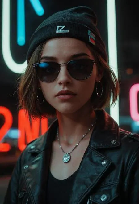 Neon-lit photorealistic character sample highlighting lighting and skin detail